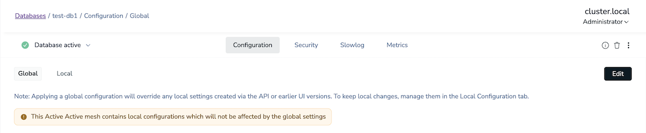 On the global configuration tab, a warning is visible that says: 'This Active Active mesh contains local configurations which will not be affected by the global settings'.