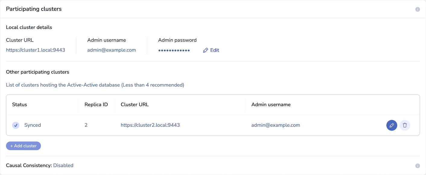 Edit and delete buttons appear when you point to an entry in the Other participating clusters list.