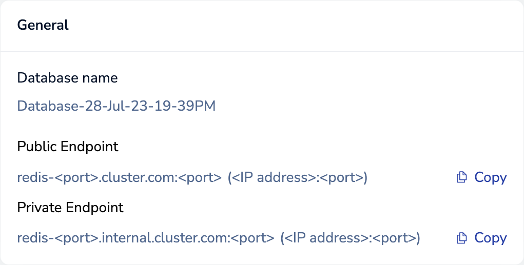 View public and private endpoints from the General section of the database's Configuration screen.