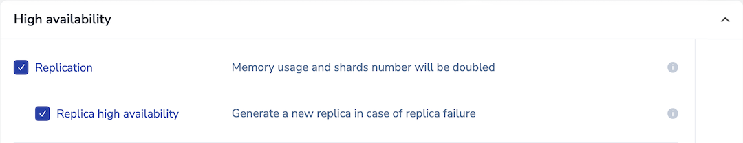 When you select the Replication checkbox in the High availability section of the database configuration screen, the Replica high availability checkbox is also selected by default.