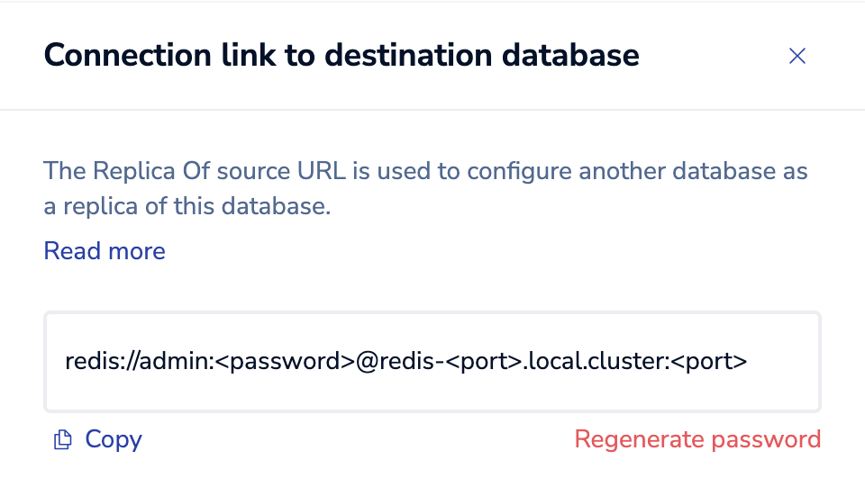 Copy the Replica Of source URL from the Connection link to destination dialog.