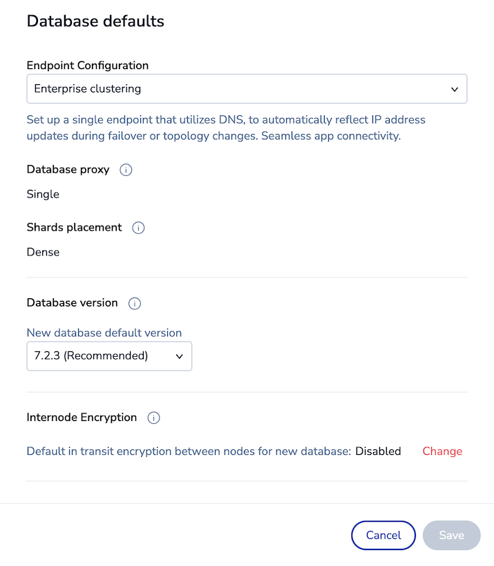 Database defaults configuration panel.