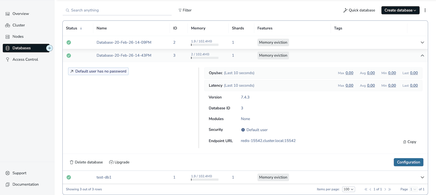 The database details are expanded, including an upgrade option.
