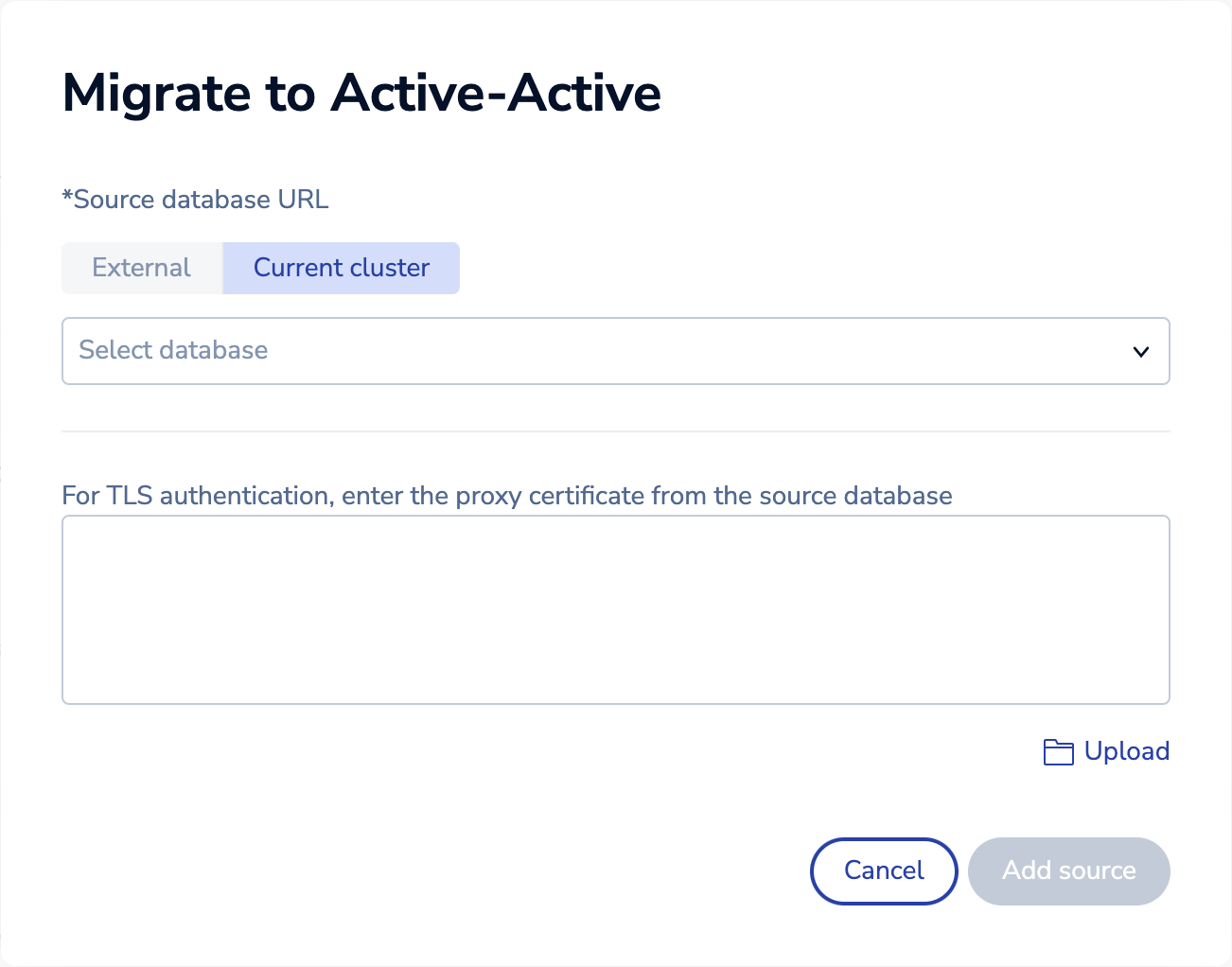 Migrate to Active-Active dialog with Current cluster tab selected.