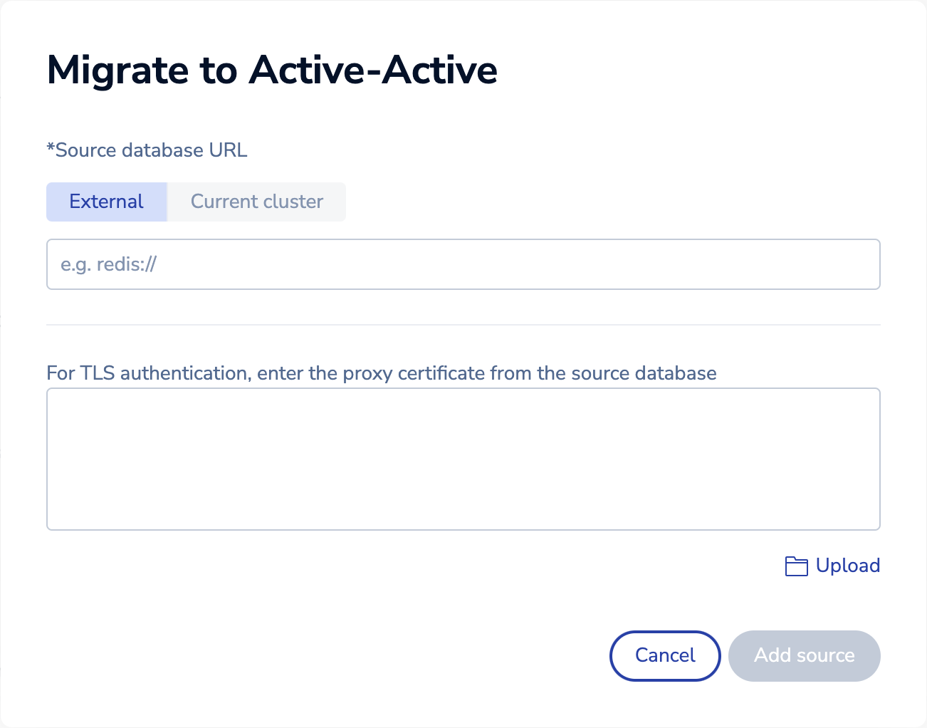Migrate to Active-Active dialog with External tab selected.