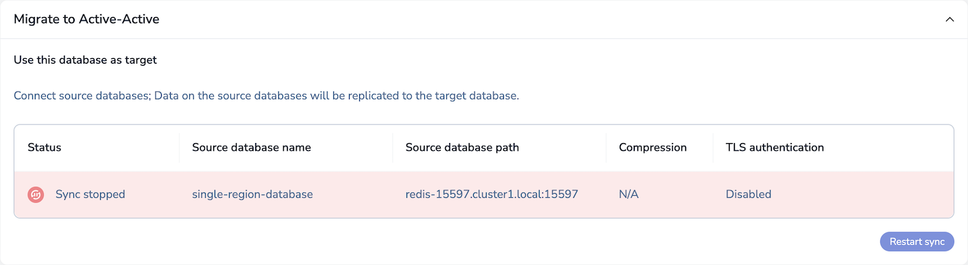 The Migrate to Active-Active section shows the Active-Active database stopped syncing with the source database.
