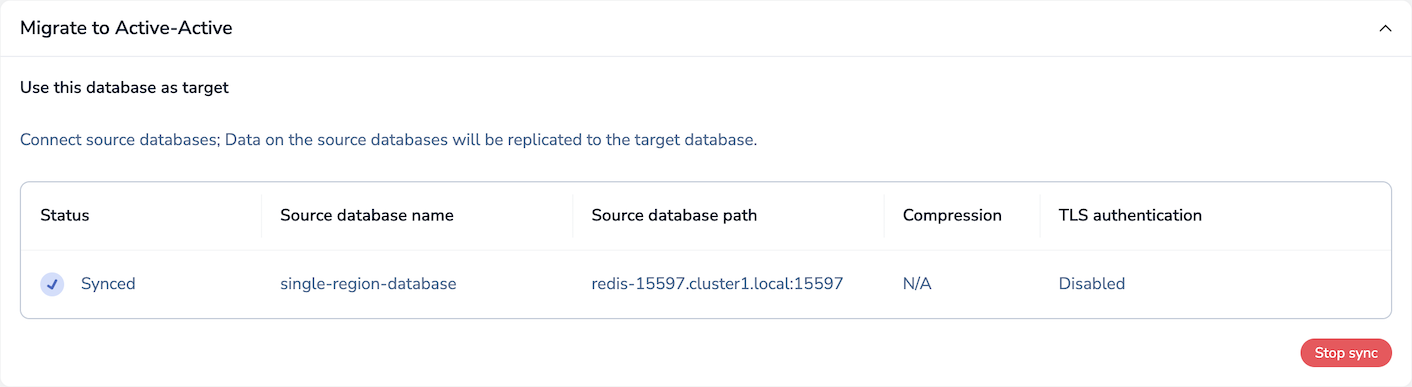 The Migrate to Active-Active section shows the Active-Active database is synced with the source database.