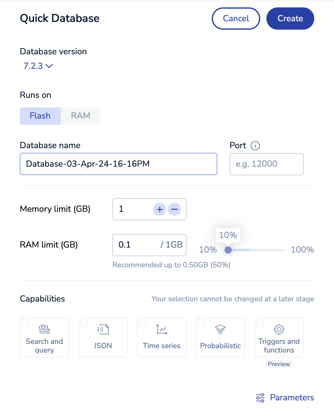 Create a quick database with Runs on Flash selected.