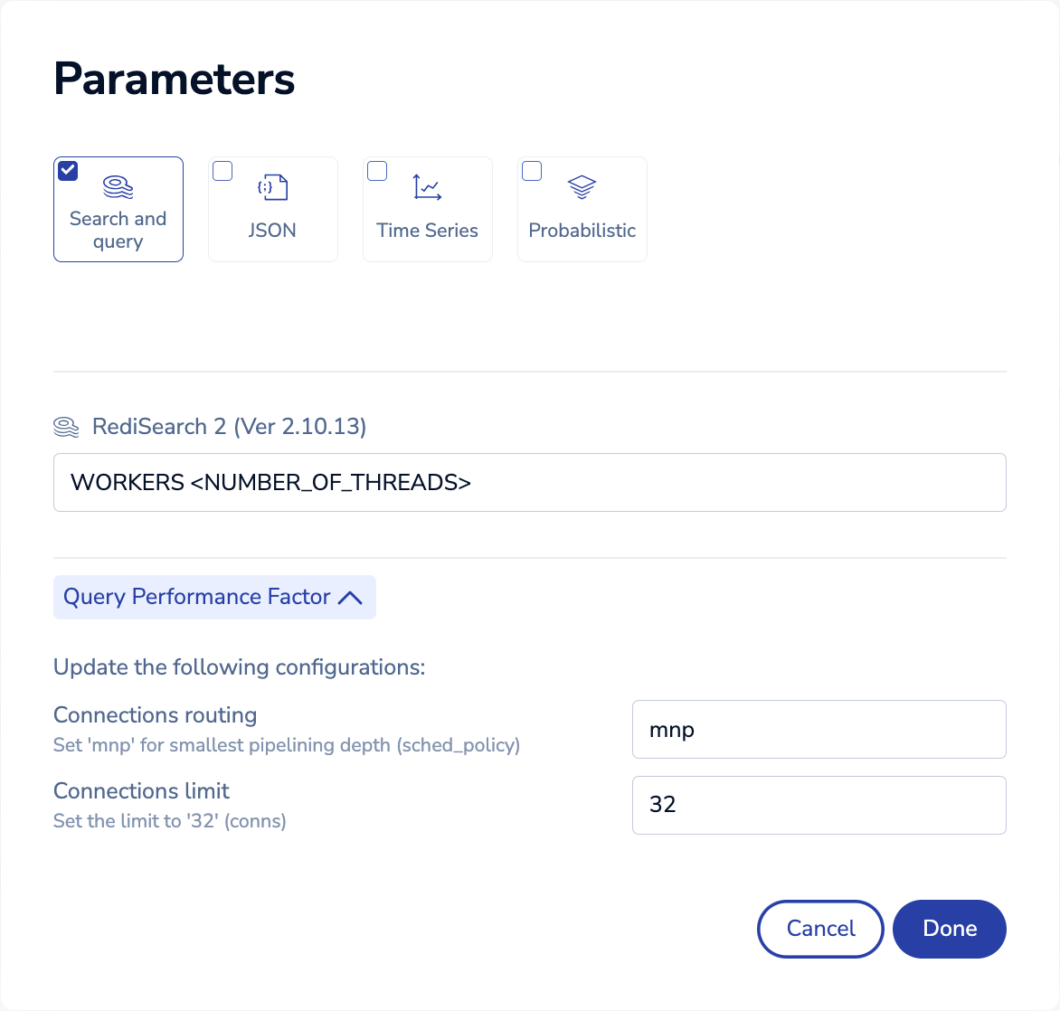 Configure search parameters and query performance factor.