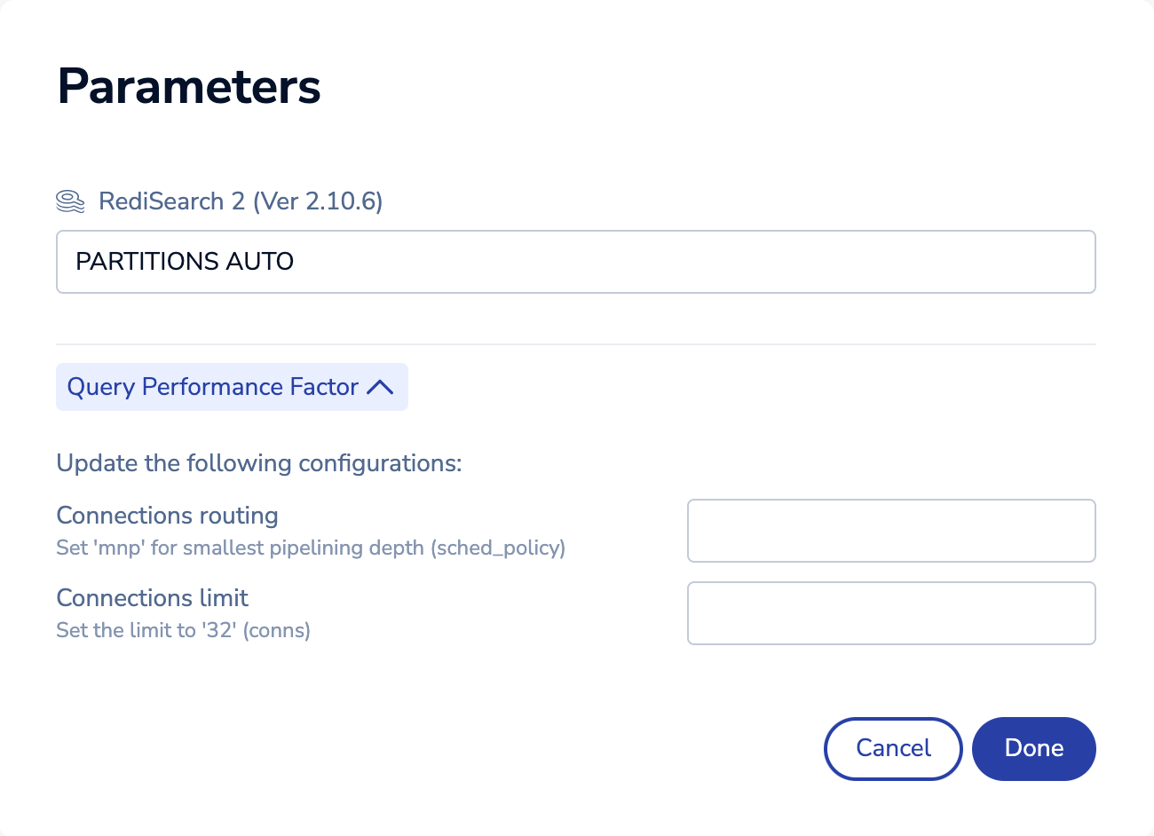 The Parameters dialog includes sections to edit RediSearch settings and the Query Performance Factor settings.