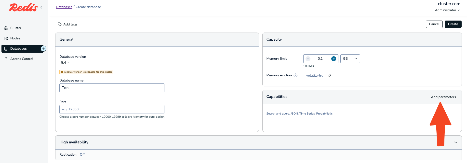 The Create database screen with the Add parameters button in the Capabilities section.