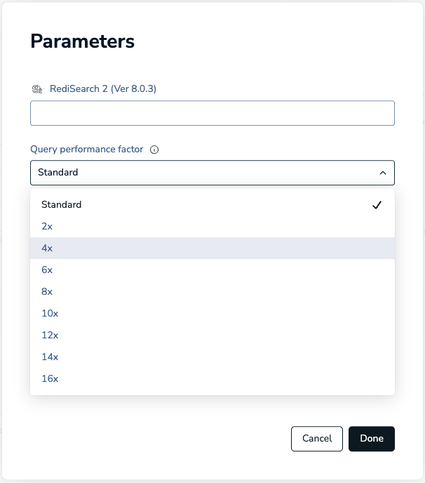 The Parameters dialog with the Query performance factor dropdown showing available scaling options.
