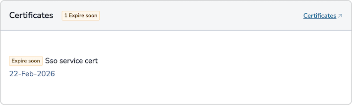 The certificates section shows an alert that the SSO service certificate expires soon.