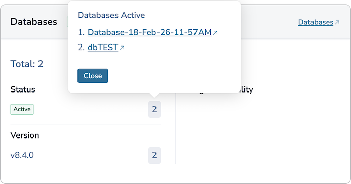 Active database names and links are displayed.